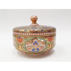 A Lobmeyr style enamelled glass trinket box, circular with…