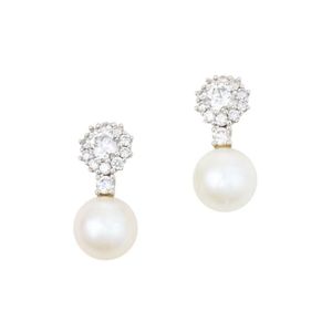 White Gold Pearl and Diamond Cluster Drop Earrings - Earrings - Jewellery