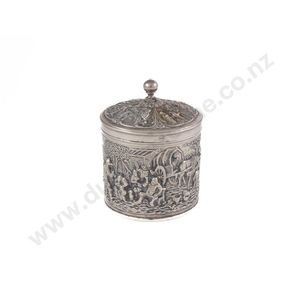Dutch silver cylindrical lidded tea caddy, traditional embossed…