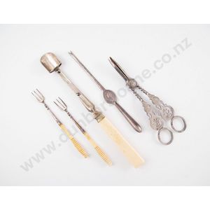 Ivory handled silverplate Stilton cheese scoop, pair pickle…