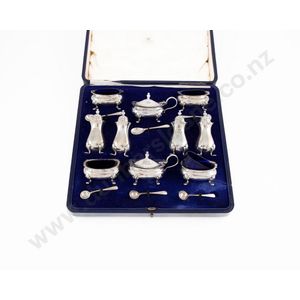 English Sterling Silver 7 Piece Condiment Set Salt Pepper Mustard