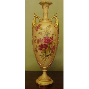 Royal Worcester Handpainted Floral Double Handle Vase (1913) - Royal 