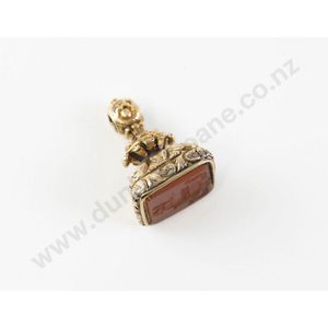 Victorian 15ct fancy seal fob, carnelian intaglio crest seal&hellip;
