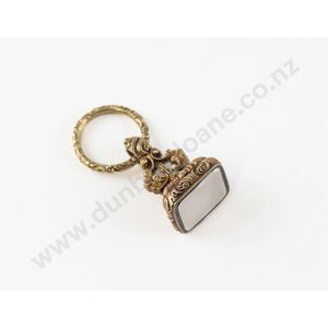 Victorian 15ct fancy seal fob, plain white chalcedony seal panel