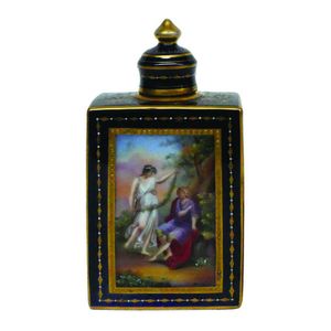 An old Berlin hand-painted porcelain tea caddy, the front and…