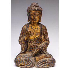 Gilt and Red Seated Chinese Buddha: 33 cm Bronze Figure - Bronze - Oriental