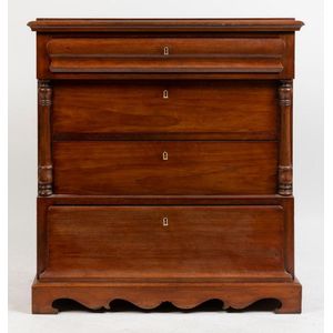 Lot - An antique banded walnut chest the broadly cross banded moulded top  over three banded graduated drawers with pierced cross escutcheo