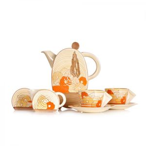 Seven piece Clarice Cliff Bizarre Capri coffee set c1935,…