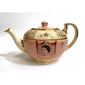 A Queen Elizabeth II commemorative teapot, c.1953, Lingard…