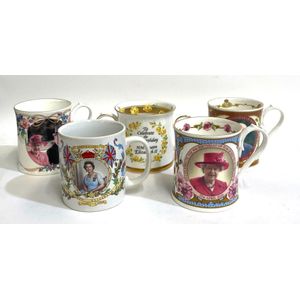Five Queen Elizabeth II commemorative cups, including 90th…