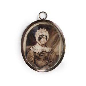 Victorian miniature sepia portrait, matron in lace bonnet and…