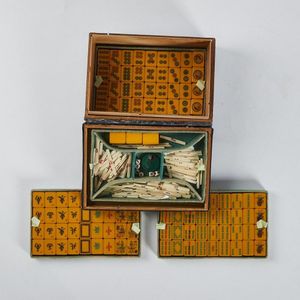 Antique Chinese Brass-Mounted Red Lacquer Mahjong Set with Jade