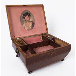 An antique English kingwood sewing box of sarcophagus form,…