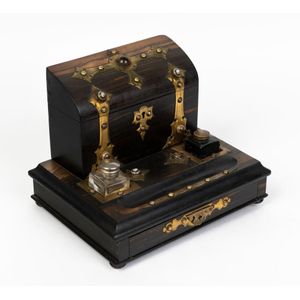 An antique English desk set compendium in the high Gothic style,…