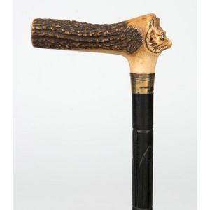 19th Century Victorian Carved Horn and Gold Filled Cane Walking Stick