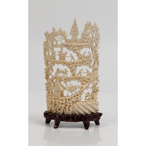 A Chinese carved ivory landscape ornament on carved wooden&hellip;