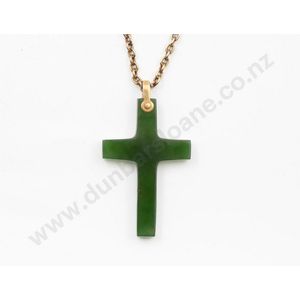 Small greenstone cross pendant on 9ct trace link muff chain,…