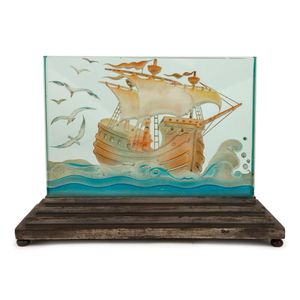 A vintage Art Deco cameo glass table lamp with galleon…