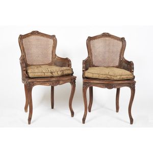 Pair of Antique Louis XV Bergere Chairs Upholstered in Silk Scalamandré  Fabric