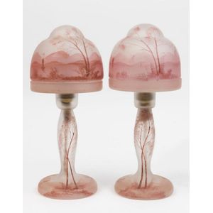 A pair of frosted glass table lamps and shade with hand-painted…