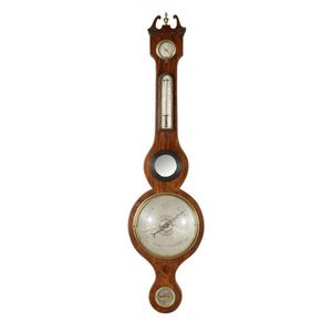 A George III mahogany and boxwood strung banjo barometer, with…