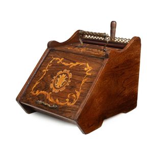 An English coal scuttle with assorted fire tools, rosewood and…