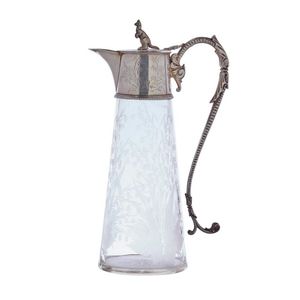 An Edwardian etched crystal and silverplated claret jug, the…