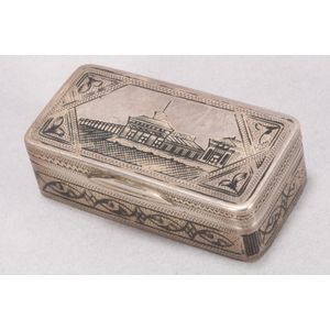 Russian Silver Niello Snuff Box, 19th Century, Architectural Scene 