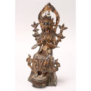 Sino-Tibetan gilt bronze Tara, depicted seated on stand with&hellip;