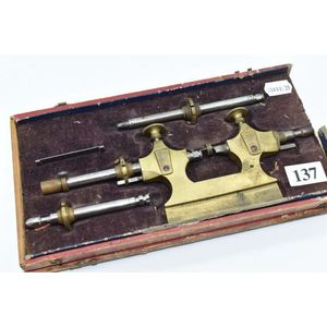 Vintage watch makers brass winding lathe, marked Pivoter to box