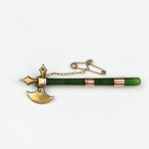 A N.Z. greenstone and 9ct gold battle-axe brooch, marked H&N…