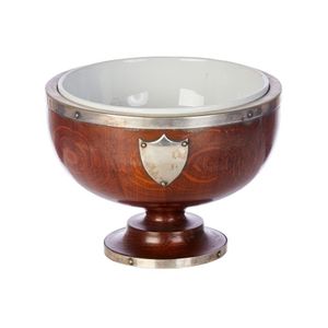 A silverplated mounted oak rose bowl, of squat hemispherical…