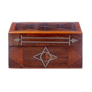 A specimen wood and metal inlaid box, with rising top, inlaid…