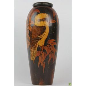 Large pokerwork kookaburra vase in the tapered with a curved…