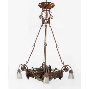 Antique Circa 1920 French Cast Brass and Crystal Eight Light Chandelie -  Turn of the Century Lighting