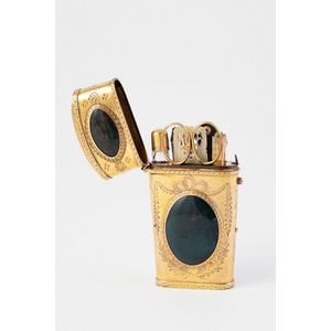 19th century European silver gilt etui, applied with four blood…