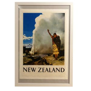 A vintage New Zealand tourist poster 'Guide Rangi - Pohutu…
