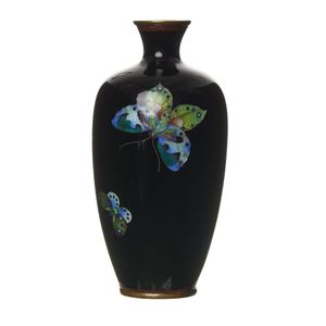 A Japanese cloisonne vase, black ground decorated with exotic…