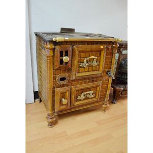 Antique French enamelled iron stove, approx 82 cm high, 71 cm…