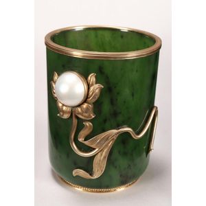 Fine Russian Siberian jade and gilt silver brush pot, marked…