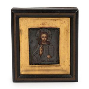 An antique Russian silver icon in timber and gilt frame, 11.5…