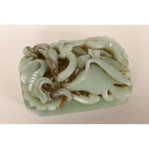 Qing Dynasty Jade Panel with Stork and Lotus Flowers - Jade - Oriental