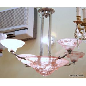A fine Art Deco silvered rose glass chandelier by Muller Freres,&hellip;