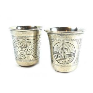 Two SOVIET Russian 875 Silver VODKA CUPS-Geometric NIELLO Decoration-A Yu 7  & AA