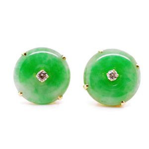 Jade, Diamond and Gold Stud Earrings (750 Marked) - Earrings - Jewellery