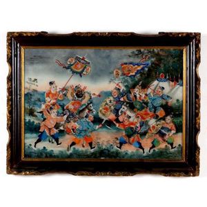 A pair of glass paintings of military engagements. Two mid 19th…