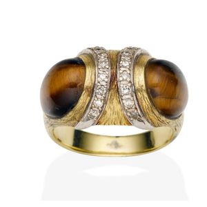 Tiger's Eye and Diamond Ring with Brushed Gold Mount - Rings - Jewellery