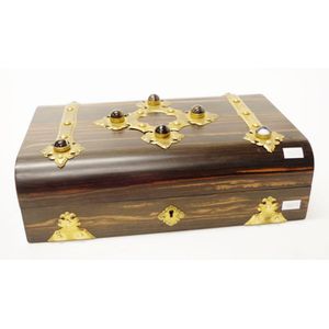 Antique coromandel games box with brass and agate strapped…