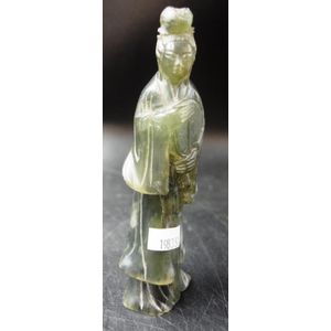 10" Old Chinese White jade carving lotus Kwan-yin guanyin Quanyin goddess statue 
