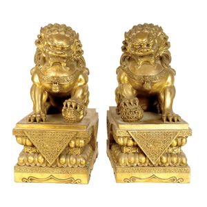 Chinese Brass Temple Lion Dogs Pair - Ceramics - Chinese - Oriental